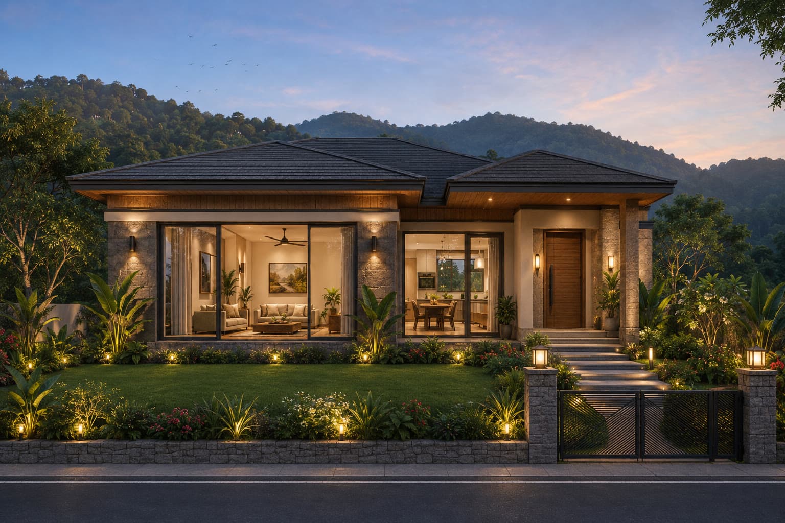 Ekant Villas — completed hill-view villa, front elevation