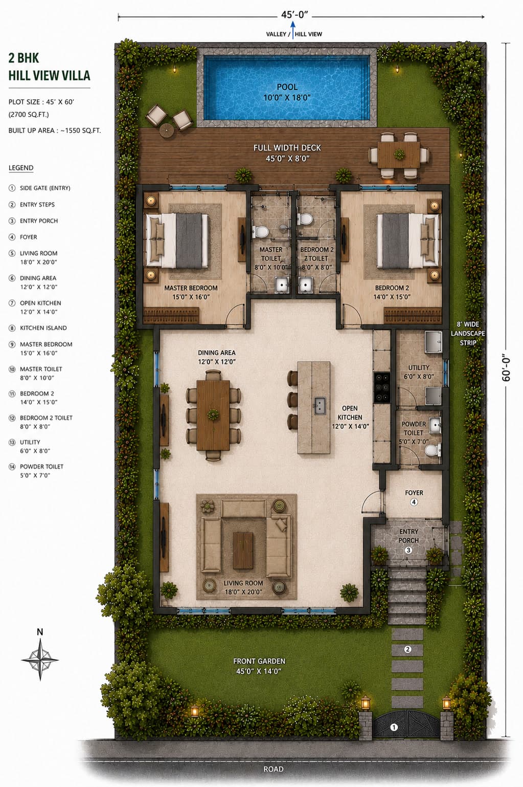 Ekant Villas — 2 BHK hill-view villa floor plan, 45 by 60 foot plot